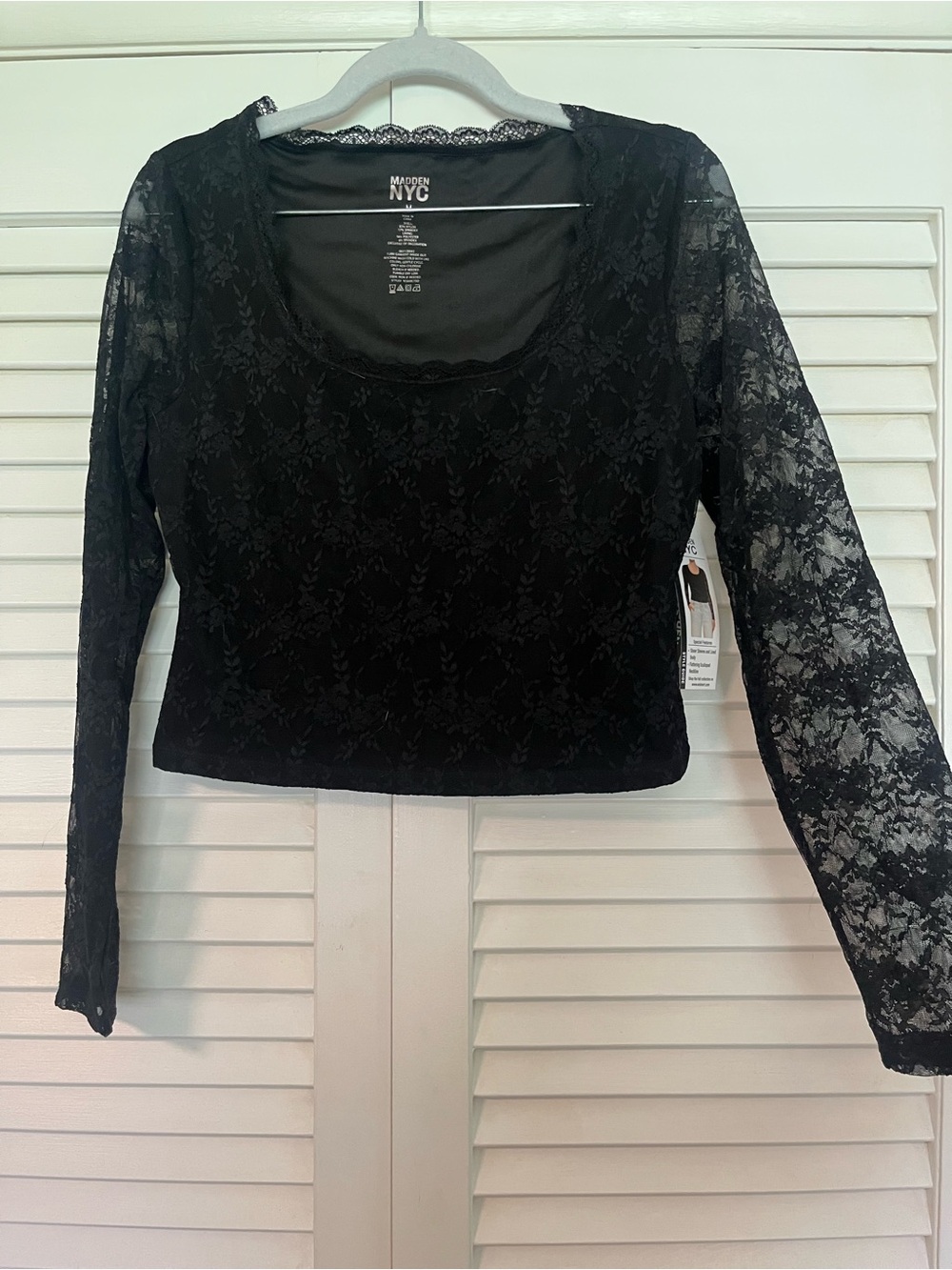 Madden NYC Black Lace Long-Sleeve Scoop Neck Top